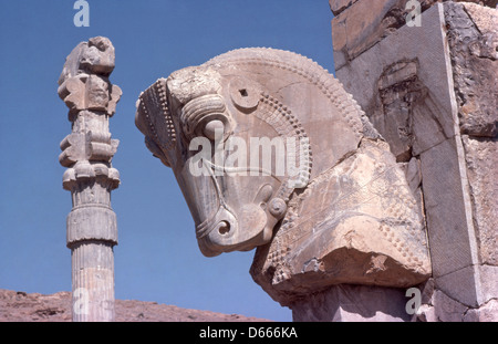 Guardian horse sculpture à ruines du Palais Apadana de Persépolis, Persépolis, la province du Fars, République islamique d'Iran Banque D'Images