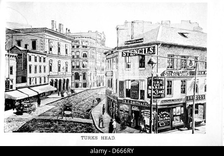 Cette image souvenir de 1888 capture une vue de Providence, Rhode Island, mettant en vedette le bâtiment caractéristique Turk’s Head, une structure emblématique de la ville connue pour son importance architecturale et son patrimoine local. Banque D'Images
