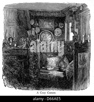 Une illustration tirée de 'A voyage in the Sunbeam' (1892), représentant un coin confortable à bord du navire. L'image capture l'atmosphère confortable et intime du navire pendant son voyage, offrant un aperçu du style de vie détendu des passagers. Banque D'Images