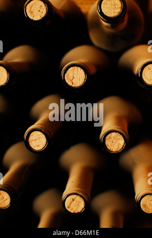 Empilées de vieilles bouteilles de vin dans la cave Banque D'Images