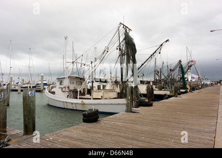 Bateaux de crevettes à quai sur un jour nuageux à Corpus Christi, Texas, États-Unis Banque D'Images