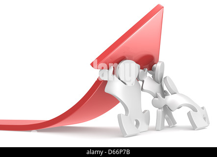 Des personnes de l'équipe de Puzzle poussant une flèche. Rouge. Banque D'Images