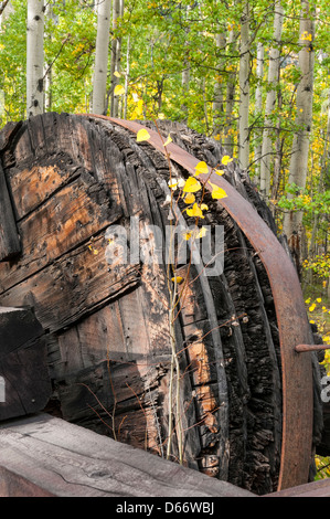 Equipements d'exploitation minière en face de musée avec feuillage de l'automne, Vicksburg Ghost Town, Sawatch, montagnes du Colorado. Banque D'Images