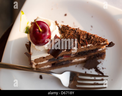 Gâteau au chocolat avec cerises sur une plaque blanche avec une fourchette Banque D'Images