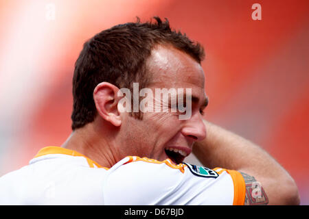 14 avril 2013 - Houston, Texas, États-Unis d'Amérique - 14 Apr 2013 : le milieu de Dynamo de Houston Brad Davis # 11 avant le match de soccer MLS entre le Dynamo de Houston et le Chicago Fire de stade BBVA Compass à Houston, TX. Banque D'Images