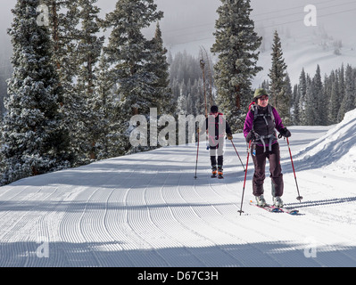 L'homme et de la femme de l'écorcher montée sur skis de randonnée alpine au Monarch Mountain, Continental Divide, Colorado, USA Banque D'Images