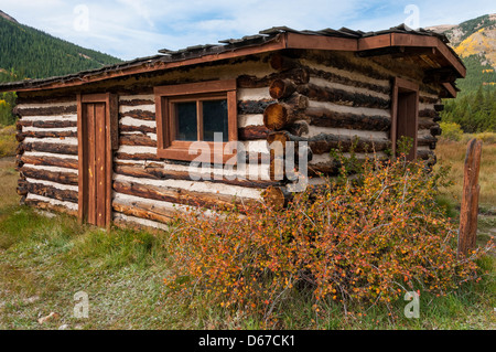 Ball Cabin Museum avec feuillage d'automne, ville fantôme, Sawatch Winfield, montagnes du Colorado. Banque D'Images