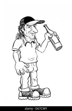 Homme avec bouteille d'alcool, cartoon illustration. Banque D'Images