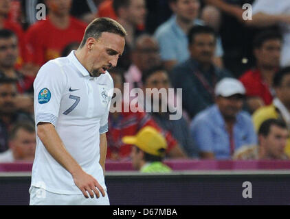 La France Franck Ribery pendant l'UEFA EURO 2012 football match de quart de finale l'Espagne contre la France lors de la Donbass Arena de Donetsk, Ukraine, 23 juin 2012. Photo : Thomas Eisenhuth dpa (veuillez vous reporter aux chapitres 7 et 8 de l'http://dpaq.de/Ziovh à l'UEFA Euro2012 Termes & Conditions)  + + +(c) afp - Bildfunk + + + Banque D'Images