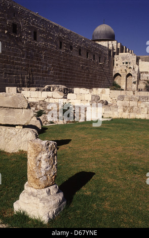 Les colonnes et murs effondrés morts - les restes d'un magnifique ensemble de bâtiments islamique détruite par le séisme de 749 - .C.E jonchent juste à l'extérieur de l'enceinte d'Al-Aqsa, dans la vieille ville de Jérusalem. Israël. Le complexe a été apparemment construit pendant le règne du calife Omeyyade El Walid I (705-715 C.E.) et est similaire à d'autres palais omeyyades fortifié en bordure du désert dans la Transjordanie et la Syrie. Banque D'Images
