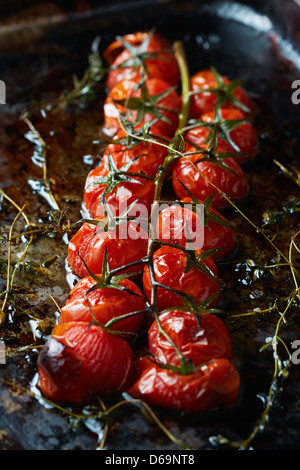 Roasted cherry tomatoes on vine Banque D'Images