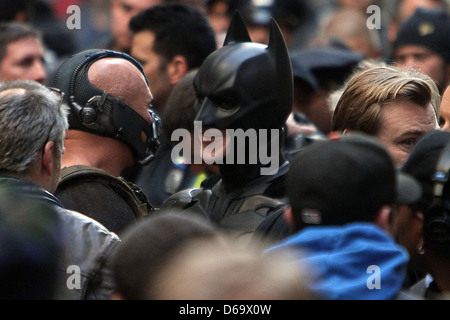 Christian Bale, Tom Hardy sur l'ensemble de 'film Batman The Dark Knight Rises' la ville de New York, USA - 06.11.11 Banque D'Images
