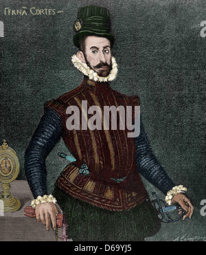 Hernan Cortes (1488-1547). Conquérant espagnol du Mexique. Gravure en couleur. Banque D'Images