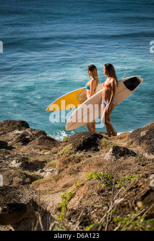 Surfers carrying boards on beach Banque D'Images