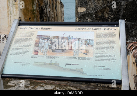 Batterie Santa Barbara signe à El Morro, Site Historique National de San Juan, San Juan, Puerto Rico Banque D'Images