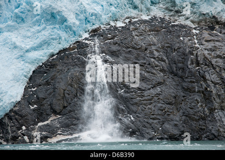 La Norvège, l'archipel du Svalbard, Spitzberg. Veaux de glace d'un glacier bleu robuste le long de la côte en été. Banque D'Images