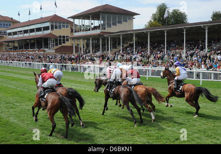 Un groupe de cavaliers est photographié pendant le début d'une course de chevaux au cours de la 'Grosse Woche von Baden" (semaine de courses de Baden) à l'hippodrome d'Iffezheim, Allemagne, 02 septembre 2012. Photo : ULI DECK Banque D'Images