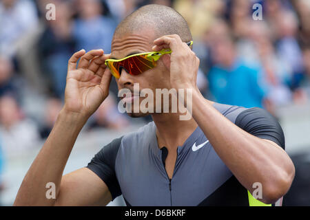 Des haies Felix Sanchez de la République dominicaine attend le début de la Men's 400 m course de haies au défi mondial d'athlétisme ISTAF au Stade Olympique de Berlin, Allemagne, 02 septembre 2012. Photo : SVEN HOPPE Banque D'Images