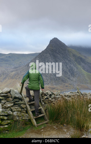 Un homme seul walker l'ascension d'une donnant sur le stile Tryfan et Glyderau montagnes en Galles. Banque D'Images