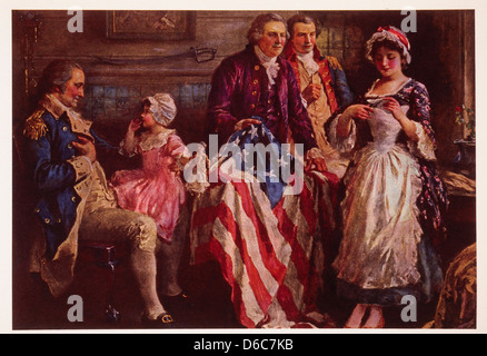 George Washington avec Betsy Ross et le premier drapeau américain approuvé par le Congrès le 14 juin 1777, Portrait Banque D'Images