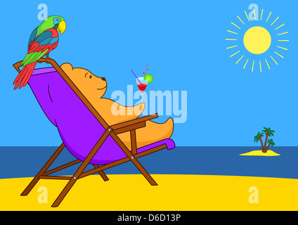 Ours en peluche dans une chaise longue sur une plage Banque D'Images