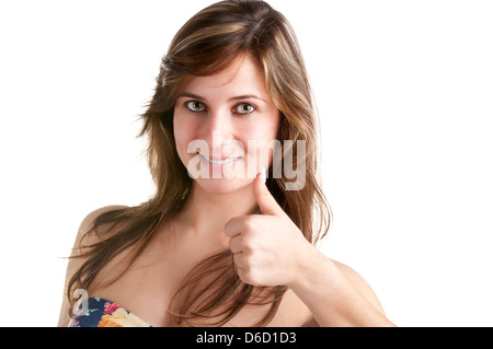 Belle jeune femme le pouce, isolé sur fond blanc Banque D'Images