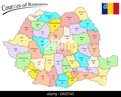 Comtés de la Roumanie sur la carte et drapeau de la roumanie contre l'arrière-plan blanc, abstract vector art illustration Banque D'Images