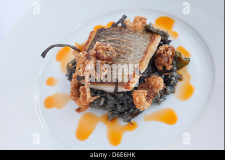 Bass sauvage, l'encre de seiche risotto, les calmars, les sirènes de l'herbe et de l'huile de chorizo Banque D'Images