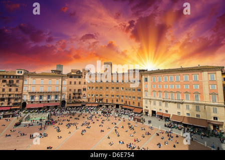 Belle vue aérienne de la Piazza del Campo de Sienne, sur une belle journée ensoleillée. Banque D'Images