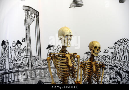 Deux squelettes se tenir en face d'une scène d'exécution au Musée pour la culture sépulcral à Kassel, Allemagne, 25 janvier 2012. Le squelette de la gauche est censée être celle de l'chinderhannes "voleur", sur la droite est celle de son acolyte Black 'jonas'. L'exposition 'Potence, Roue et jeu" est ouvert du 28 janvier 2012. Photo : Uwe Z Banque D'Images