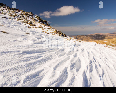 Sastrui d'érosion causée par le vent sur la neige, au-dessus de Wrynose Pass dans le Lake District, UK. Banque D'Images