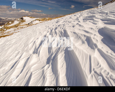 Sastrui d'érosion causée par le vent sur la neige, au-dessus de Wrynose Pass dans le Lake District, UK. Banque D'Images