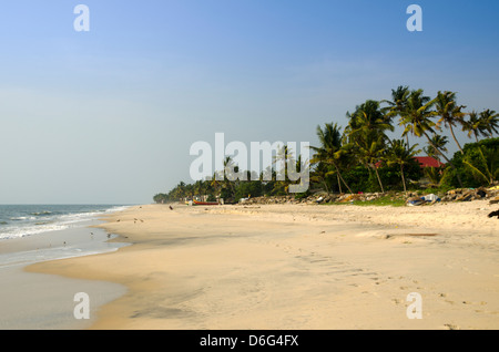 La plage bordée de palmiers, Alleppey, Kerala, Inde Banque D'Images