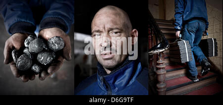 Une image composite constituée de trois photos spectacles fournisseur de charbon et de chauffage moyenne, Sascha Diesner, présentant la forme d'un oeuf briquettes, à la recherche dans l'appareil photo et briquettes à un client (L-R) à Berlin, Allemagne, 09 février 2012. Il faut en général une semaine pour livrer le charbon et d'autres matériaux. En cas d'urgence, la société Hans Engelke Energie fournit à l'intérieur d'une journée. Photo : Ro Banque D'Images