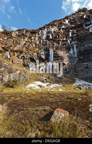 Cascades de glace sur le visage rcok à meldon carrière près de okehampton devon Banque D'Images