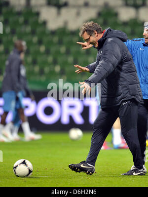 L'entraîneur national Laurent Blanc sourit lors d'une session de pratique de l'équipe nationale de France au stade Weser à Brême, Allemagne, le 28 février 2012. La France jouera l'Allemagne le 29 février 2012. Photo : Carmen Jaspersen Banque D'Images