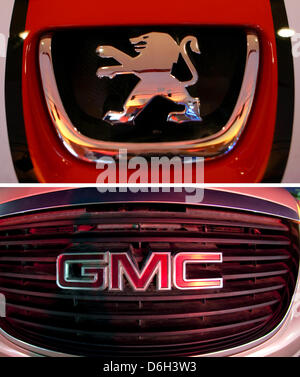 Fichier - une archive photo composite présente le logo d'une Peugeot 207 dans Berlin, Allemagne, 26 avril 2006 et le logo d'un 'GMC General Motors' dans Riyadh, Arabie saoudite, 09 janvier 2010. Constructeur automobile Opel General Motors du groupe parent est la planification d'une alliance stratégique avec le constructeur automobile français PSA Peugeot Citroën. Photo : Jens Kalaene / Burgi Banque D'Images