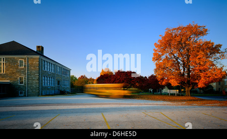 School bus passe par une école élémentaire dans un flou de mouvement. Un grand chêne est en plein automne feuillage. Banque D'Images