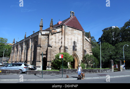 Dog Walker en face de l'église de garnison à Sydney Banque D'Images