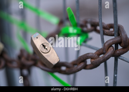 Chaîne rouillée enroulée autour d'une clôture métallique fixée avec des attaches mono-vert et un cadenas en laiton Banque D'Images