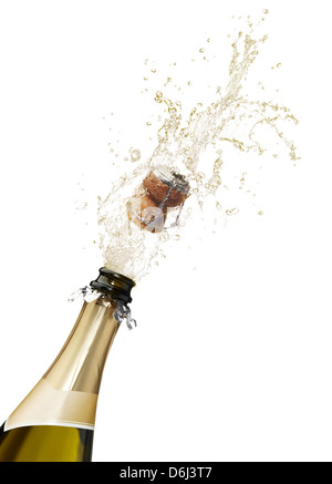 Bouteille de champagne popping ses cork et projections Banque D'Images