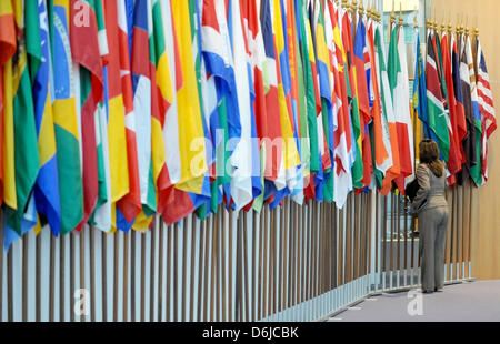 (Dossier) une archive photo datée du 05 octobre 2011 montre une femme à la recherche à travers les drapeaux de divers pays dans la salle d'audience principale du Tribunal international du droit de la mer à Hambourg, Allemagne. Le Tribunal international du droit de la mer va se prononcer son jugement sur la frontière entre la mer litigieuses la Birmanie et le Bangladesh le mercredi, 14 mars 2012. Photo : CLAIRVAL Banque D'Images