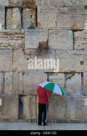 Homme avec parapluie prier seul au Mur occidental. Vieille ville de Jérusalem. Israël. Banque D'Images