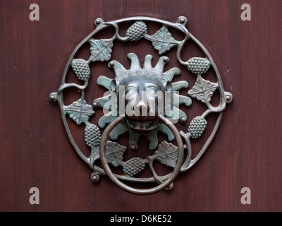 Antique bronze doorknocker, tête de lion entouré de feuilles et les petits fruits Banque D'Images