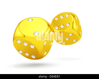 3D render of golden dices isolé sur fond blanc Banque D'Images