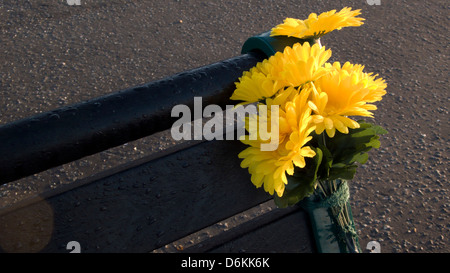 Les fleurs du souvenir lié sur banc, Brighton, UK Banque D'Images