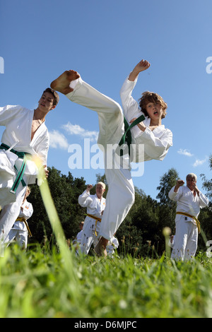 Wolfhagen, Allemagne, les gens dans un cours de taekwondo dans la nature Banque D'Images