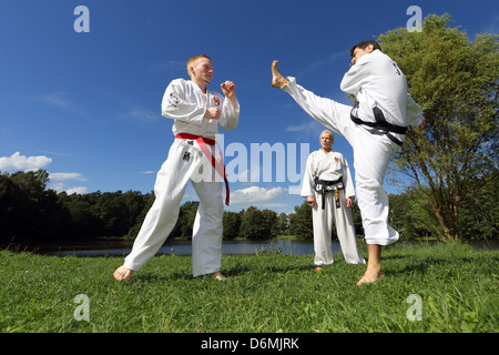 Wolfhagen, Allemagne, les gens dans un cours de taekwondo dans la nature Banque D'Images