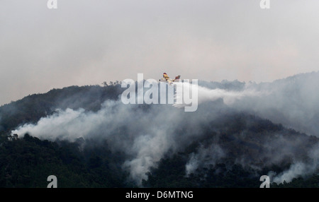 Un avion Canadair gouttes d'eau sur un feu de forêt dans l'île espagnole d'Ibiza Banque D'Images