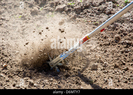 Desserrant le sol dans un jardin avec un cultivateur rotatif manuel. Banque D'Images